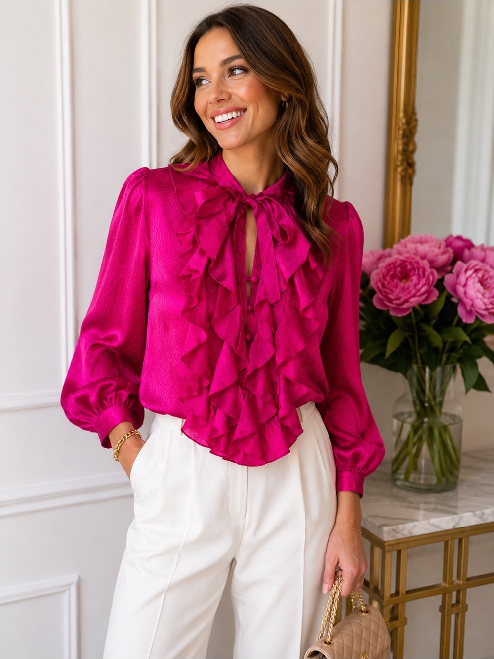 Development by Erica Davies Fuchsia Ruffle Bow Satin Blouse Size M Statement Top